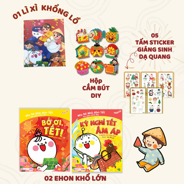 Bộ Sách Miu Bé Nhỏ Đón Tết: Bố Ơi, Tết! + Kì Nghỉ Tết Ấm Áp (Bộ 2 Cuốn) - Tặng Kèm 1 Bao Lì Xì Miu Tết + 1 Hộp Cắm Bút Diy + 5 Sticker Giáng Sinh...