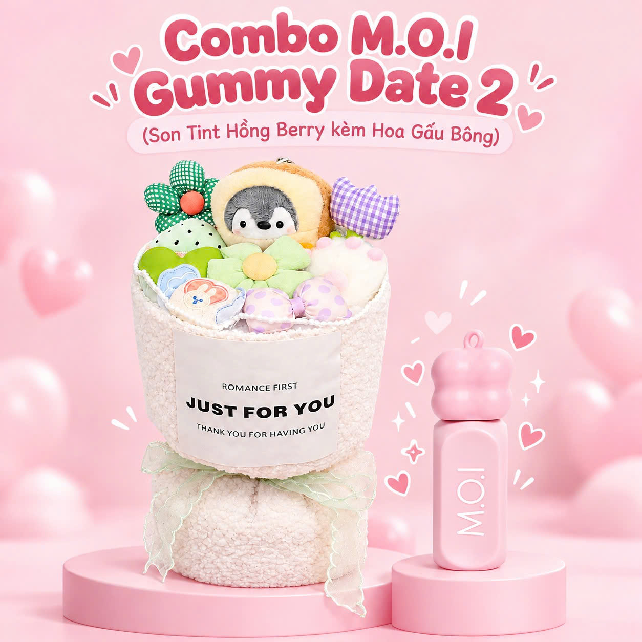 Combo M.O.I Gummy Date 2 (Son Tint Hồng Berry Kèm Hoa Gấu Bông)