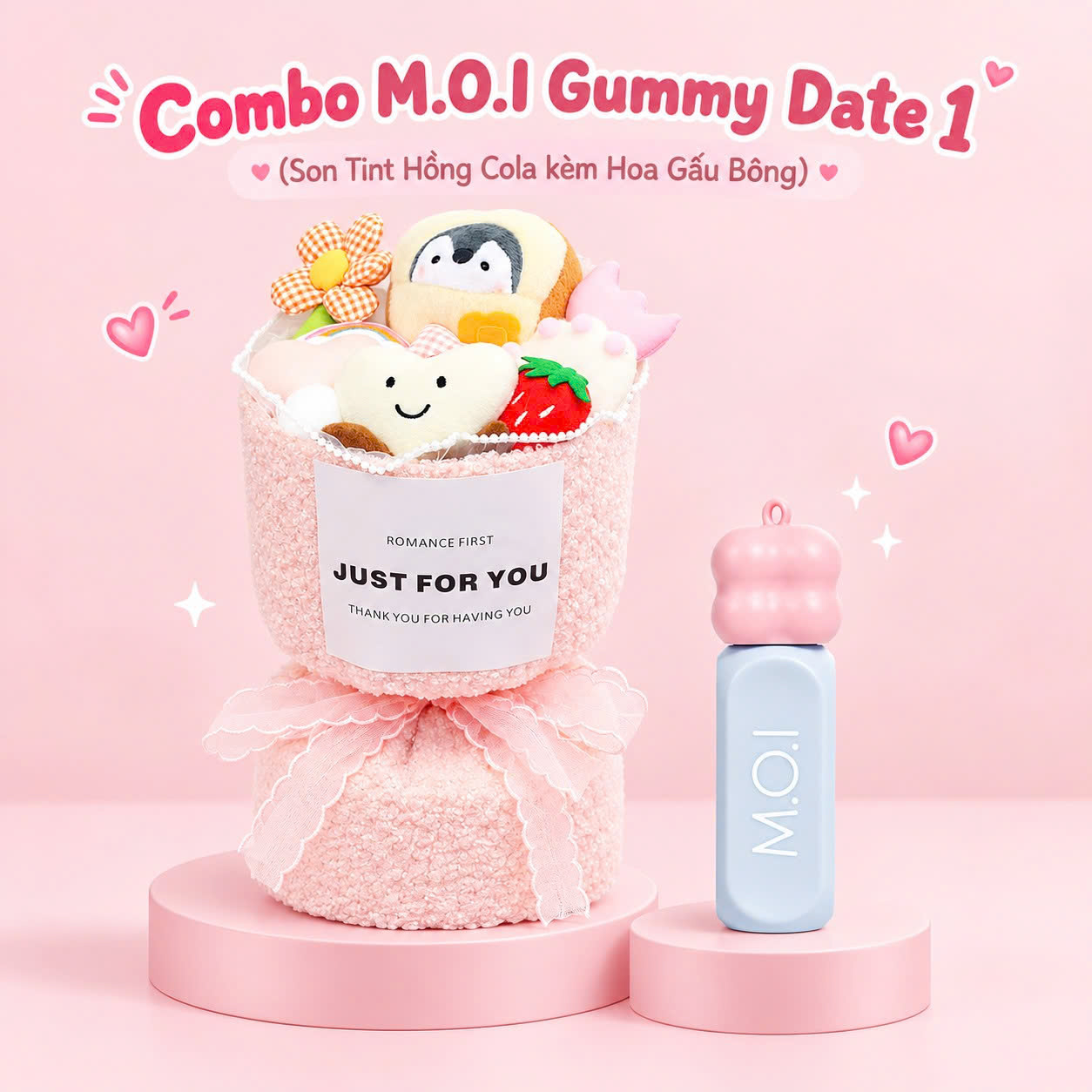 Combo M.O.I Gummy Date 1 (Son Tint Hồng Cola Kèm Hoa Gấu Bông)