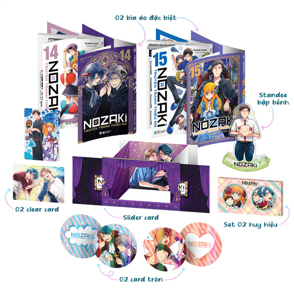 Bộ Manga - Nozaki & Truyện Tranh Thiếu Nữ: Tập 14 + Tập 15 (Bộ 2 Tập) - Bản Sưu Tầm - Tặng Kèm 2 Bìa Áo + 1 Standee Bập Bênh + 2 Clear Card + 1 Slider Card + 1 Set 2 Huy Hiệu + 2 Card Tròn