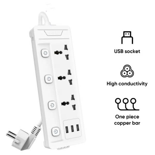 Ổ Cắm Điện Đa Năng 3 Ổ Cắm + 3USB Công Suất 2500W - Dây 2m - Deli DL-ET410
