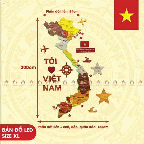 [34 Tỉnh Thành] Bộ Tranh Xếp Hình Gỗ Dán Tường Đèn Led - Bản Đồ Việt Nam - 200 x 135 cm - Bách Mộc