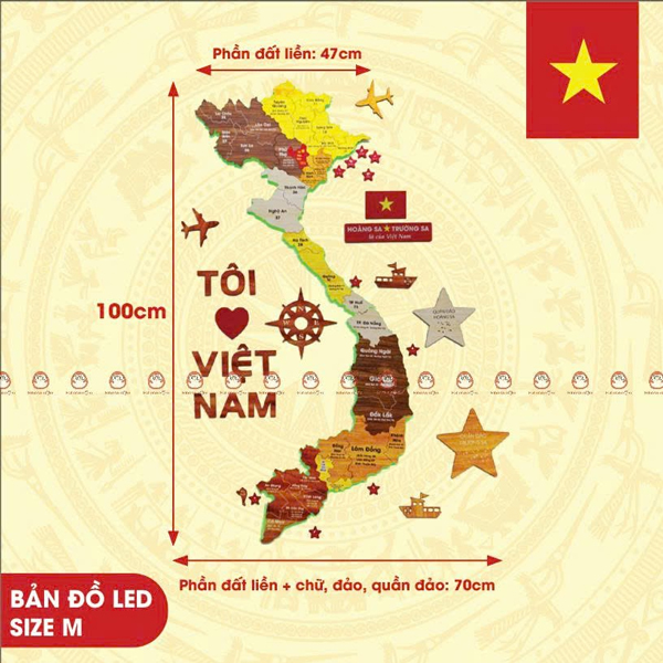 [34 Tỉnh Thành] Bộ Tranh Xếp Hình Gỗ Dán Tường Đèn Led - Bản Đồ Việt Nam - 100 x 70 cm - Bách Mộc
