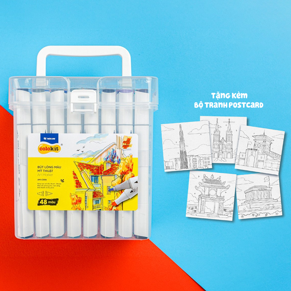 Hộp 48 Bút Lông Màu Mỹ Thuật - Colokit AM-C006 - Tặng Kèm Bộ Tranh Postcard