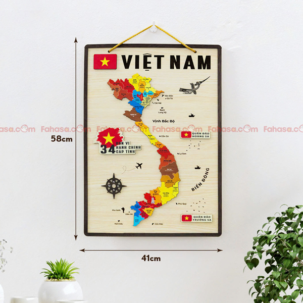 [34 Tỉnh Thành] Tranh Treo Tường Màu Bản Đồ Việt Nam - 58 x 40 cm - Bách Mộc