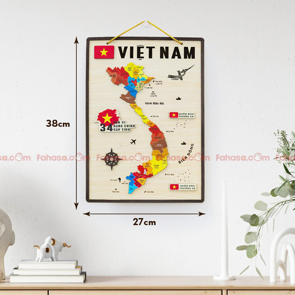 [34 Tỉnh Thành] Tranh Treo Tường Màu Bản Đồ Việt Nam - 38 x 27 cm - Bách Mộc