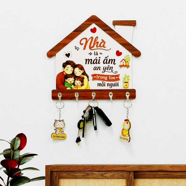 Bảng Gỗ Treo Chìa Khóa Dán Tường - Nhà Là Mái Ấm An Yên Trong Tim Mỗi Người - Bách Mộc