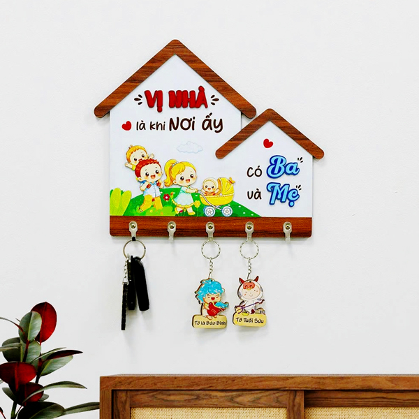 Bảng Gỗ Treo Chìa Khóa Dán Tường - Vị Nhà Là Khi Nơi Ấy Có Ba Có Mẹ - Bách Mộc