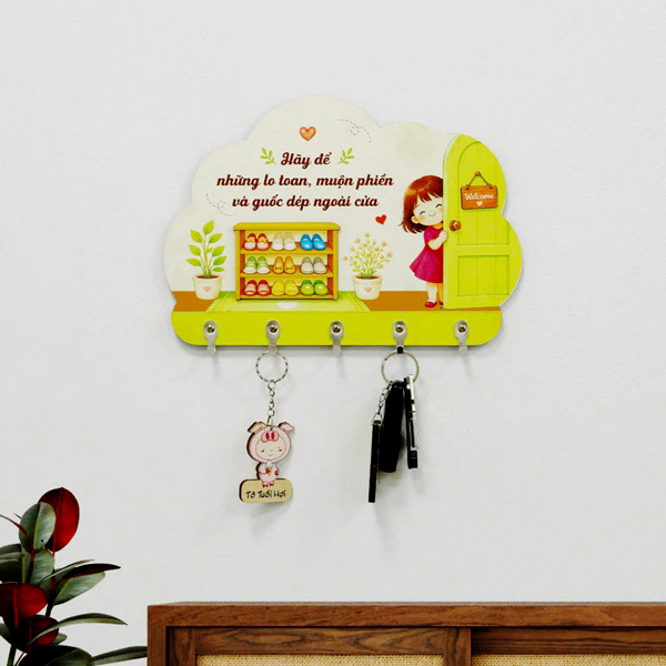 Bảng Gỗ Treo Chìa Khóa Dán Tường - Hãy Để Những Lo Toan, Muộn Phiền Và Guốc Dép Ngoài Cửa - Bách Mộc