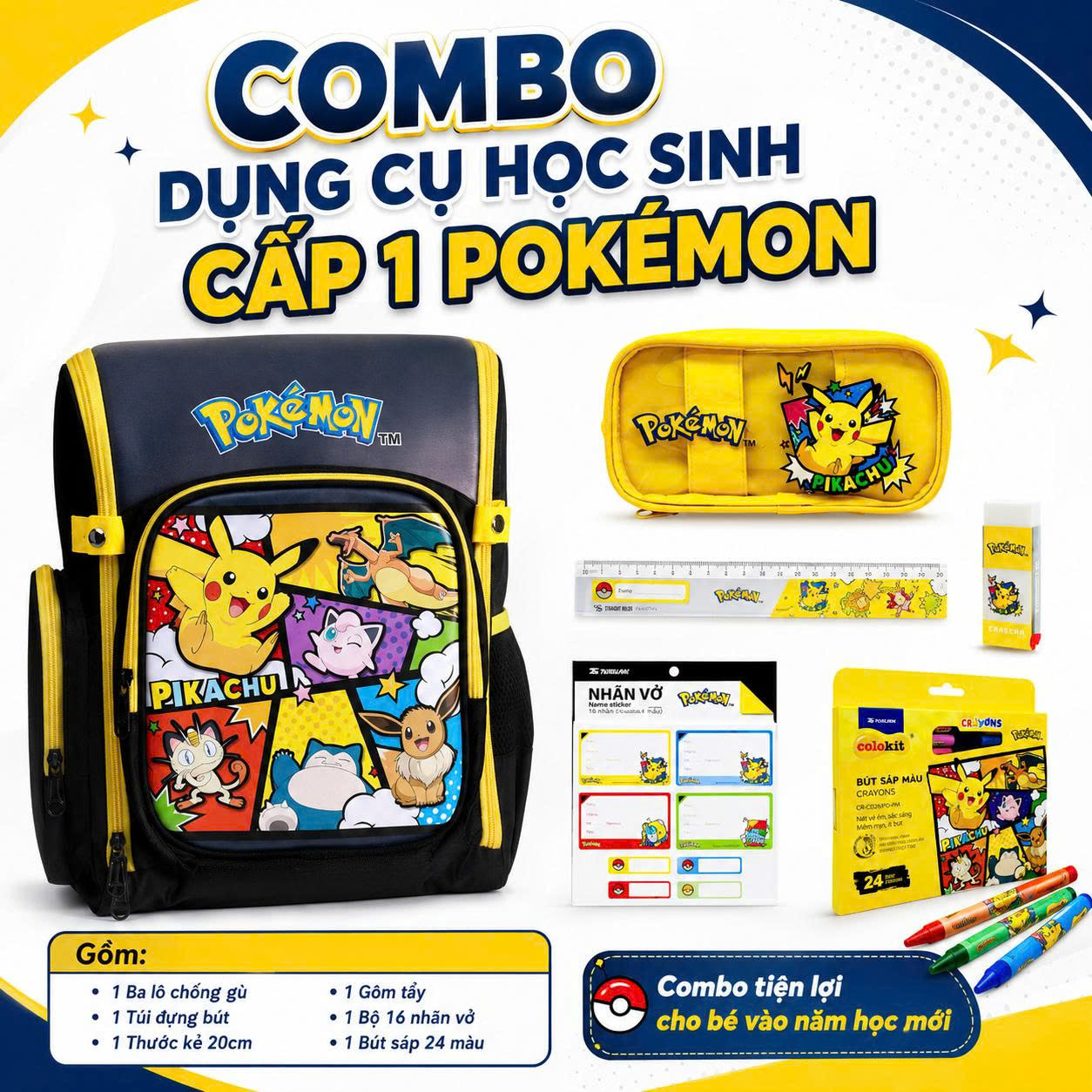 Combo Dụng Cụ Học Sinh Cấp 1 Pokémon