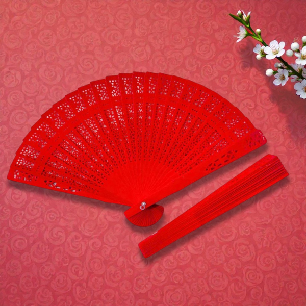 Quạt Gỗ Họa Tiết Chạm Khắc Trang Trí Tết 20 cm - Vinacraft - Màu Đỏ