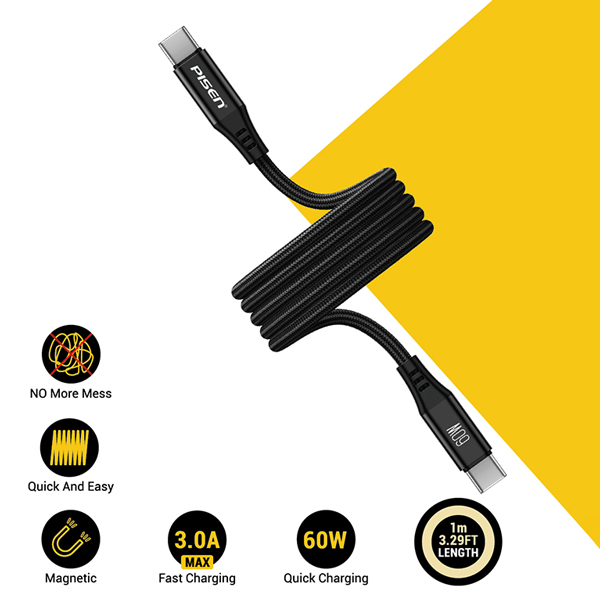 Cáp Sạc Pisen Pro - Magipi Magloop USB-C (C-C) 60W 1m - Màu Đen