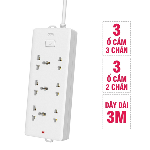 Ổ Cắm Điện 6 Ổ Cắm Dây 3m - Deli E18339(03)-KM-01 - Màu Trắng