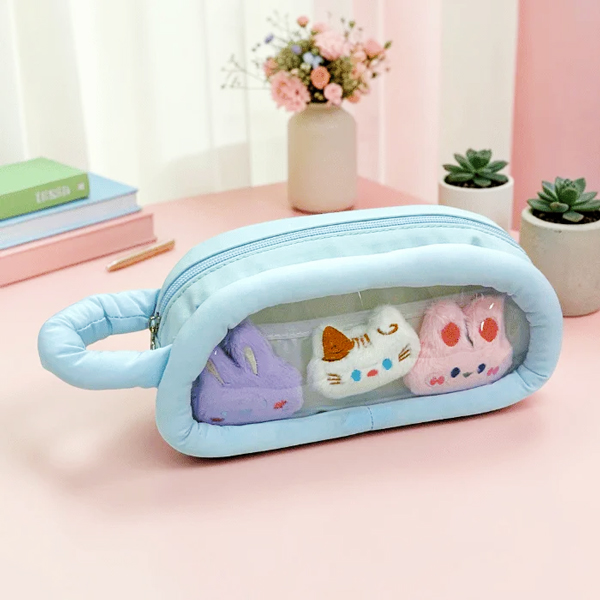 Bóp Viết Trong Suốt Thú Bông Có Quai Xách - Yescholar 9431 - Màu Xanh