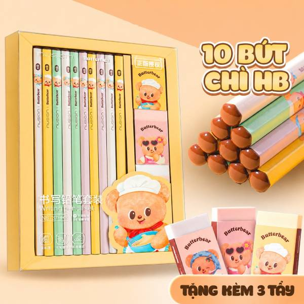 Bộ Dụng Cụ Học Tập ButterBear - 10 Bút Chì HB Kèm 3 Tẩy Xinh Xắn - Deli NS757-HB
