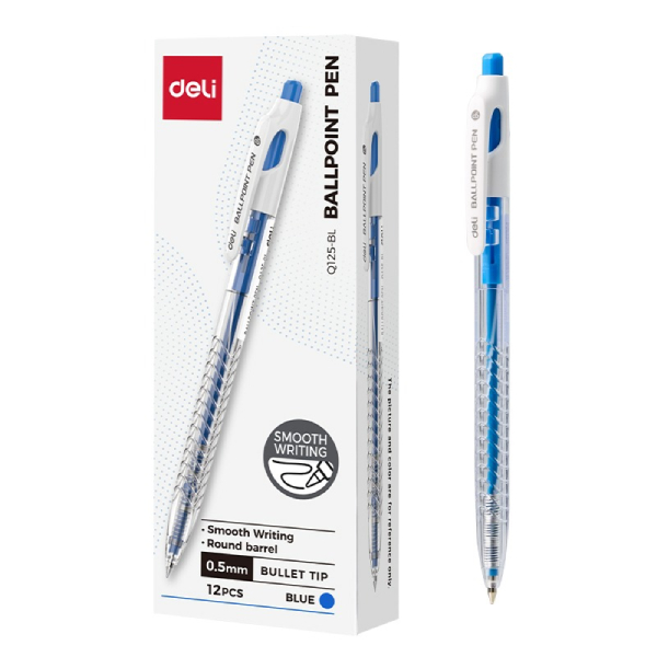 Hộp 12 Bút Bi Ngòi Đạn 0.5 mm - Deli EQ125-BL - Mực Xanh