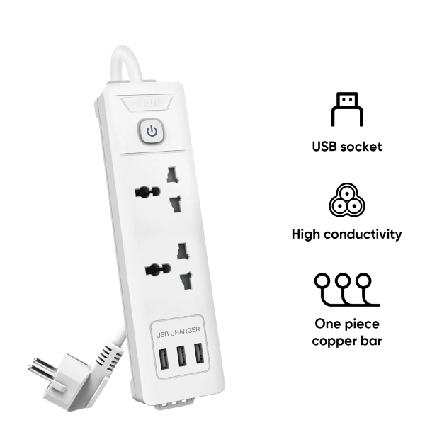 Ổ Cắm Điện 2 Ổ Cắm + 3USB Dài 2m - Deli ET407-KM-01