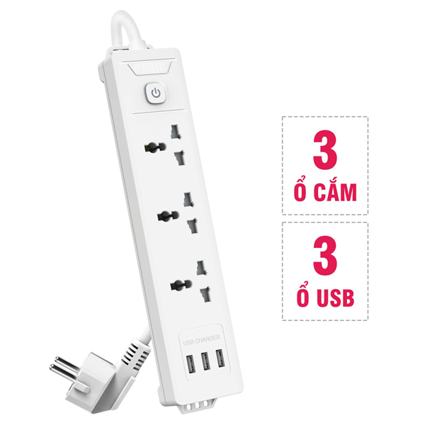 Ổ Cắm Điện 3 Ổ Cắm + 3 USB Dây 2m - Deli ET408-KM-01