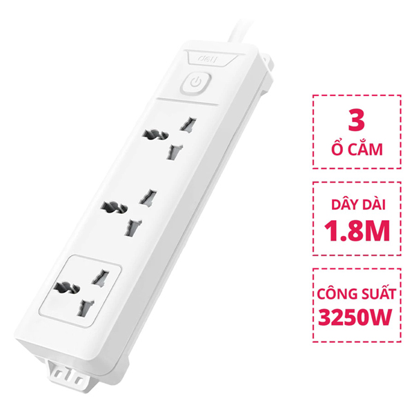 Ổ Cắm Điện 3 Ổ Cắm Dây 1.8m - Deli ET419-KM-01