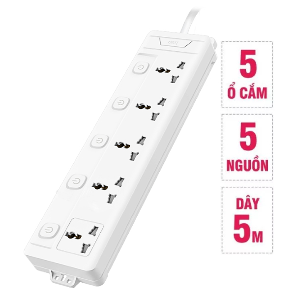 Ổ Cắm Điện 5 Ổ Cắm Có Công Tắc - Dây 2m - Deli ET422