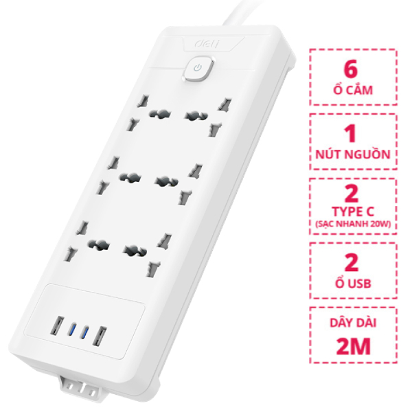 Ổ Cắm Điện 6 Ổ Cắm - 2USB 2TypeC - Dây 2m - Deli ET424