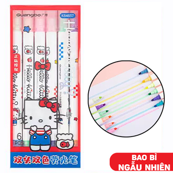 Vỉ 6 Bút Dạ Quang 2 Đầu Hello Kitty - GuangBo KT84657 (Bao Bì Giao Ngẫu Nhiên)