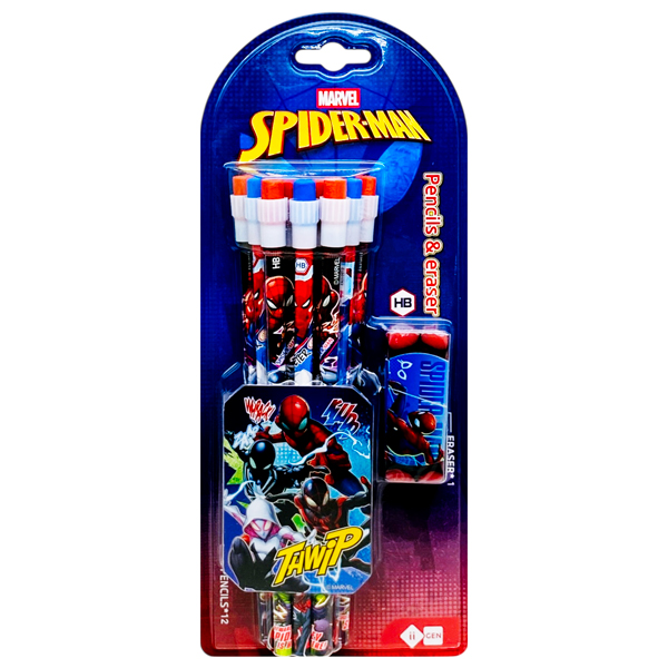Vỉ 12 Bút Chì Gỗ HB Kèm Gôm Tẩy Spider-Man - iiGEN EN310053