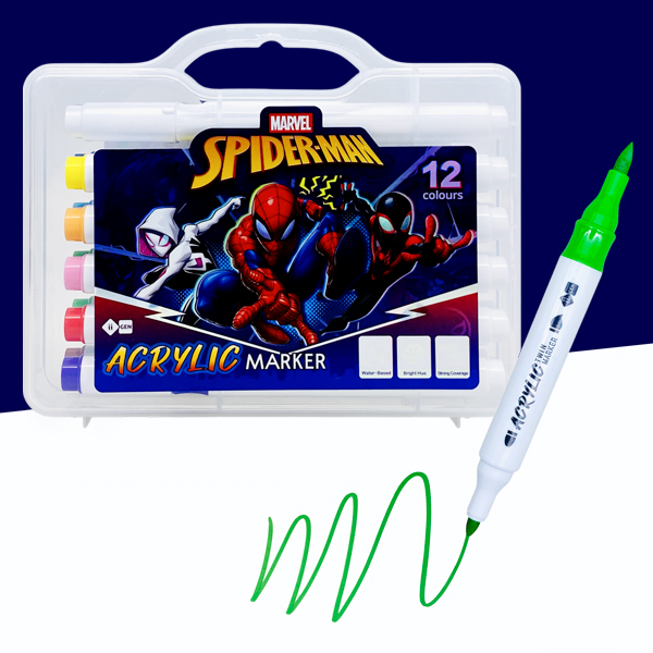 Hộp 12 Bút Màu Acrylic Marker Spiderman - Đầu Brush - iiGEN IG3003