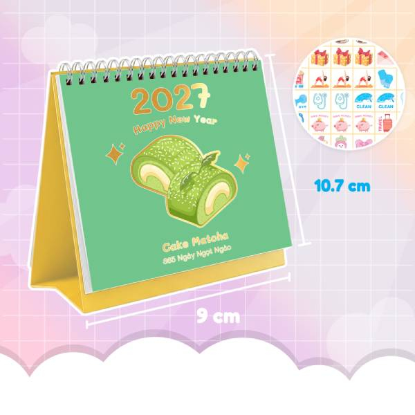 Lịch Để Bàn Chữ A 2027 - Ake Matcha 365 Ngày Ngọt Ngào - 9 x 10 cm  - Kèm Sticker Tiện Lợi - 2027-GDPN-LBA