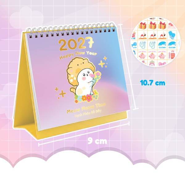 Lịch Để Bàn Chữ A 2027 - Meow Meow Time Hạnh Phúc Đủ Đầy - 9 x 10 cm  - Kèm Sticker Tiện Lợi - 2027-GDPN-LBA