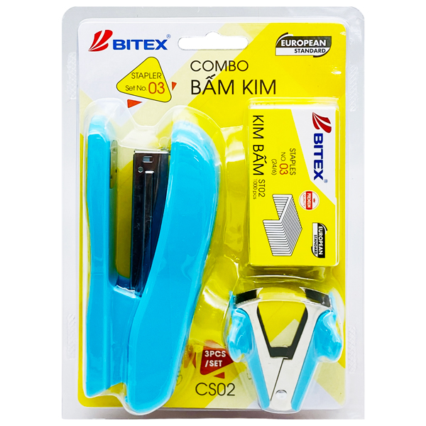 Bộ Bấm Kim Số 03 - 1 Bấm Kim + 1 Gỡ Kim + 1 Hộp Kim Bấm - Bitex CS02 - Màu Xanh Dương