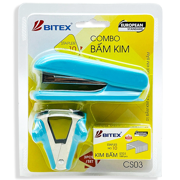 Bộ Bấm Kim Số 10 - 1 Bấm Kim + 1 Gỡ Kim + 1 Hộp Kim Bấm - Bitex CS03 - Màu Xanh Dương