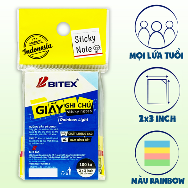 Giấy Ghi Chú 51 x 76 mm - Bitex SN01 (100 Tờ) - Màu Rainbow