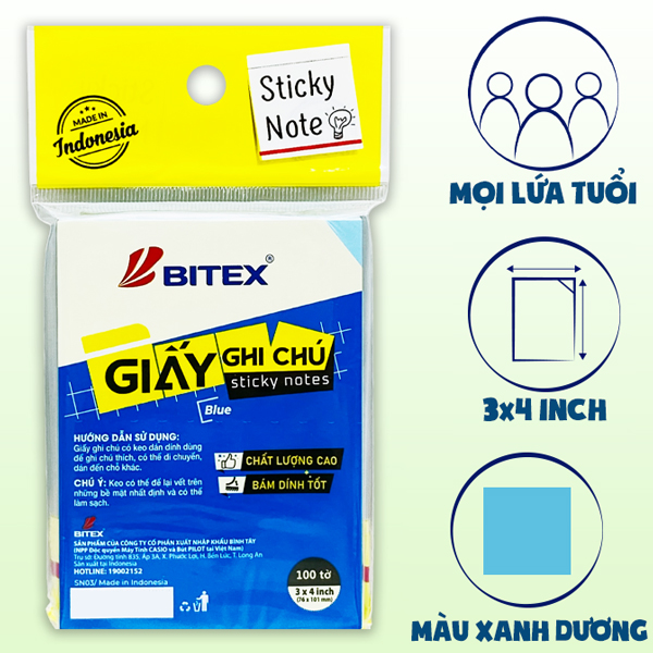 Giấy Ghi Chú 76 x 101 mm - Bitex SN03 (100 Tờ) - Màu Xanh Dương