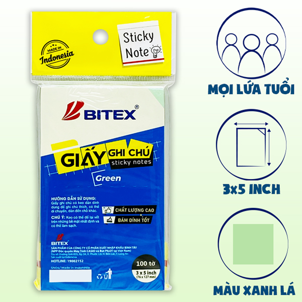 Giấy Ghi Chú 76 x 127 mm - Bitex SN04 (100 Tờ) - Màu Xanh Lá