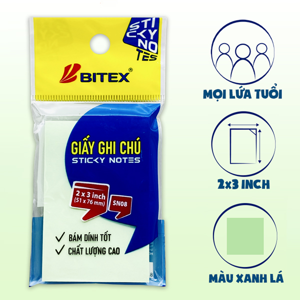 Giấy Ghi Chú 51 x 76 mm - Bitex SN08 (70 Tờ) - Màu Xanh Lá