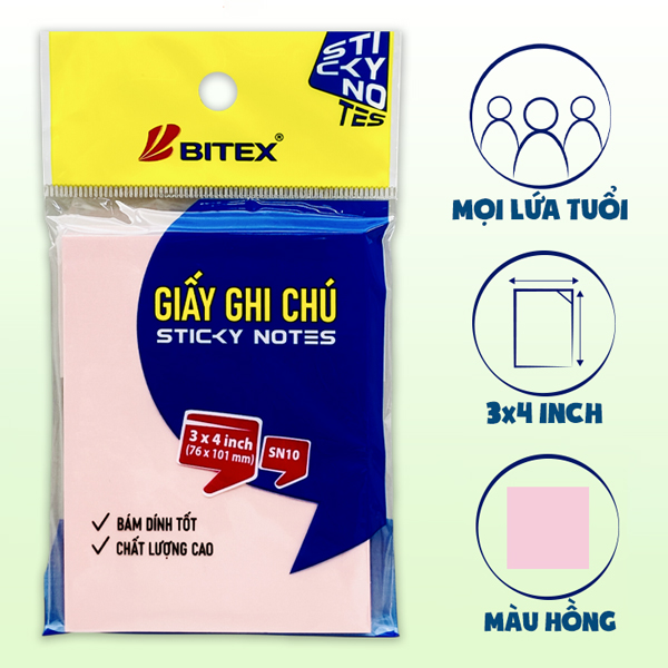 Giấy Ghi Chú 76 x 101 mm - Bitex SN10 (70 Tờ) - Màu Hồng