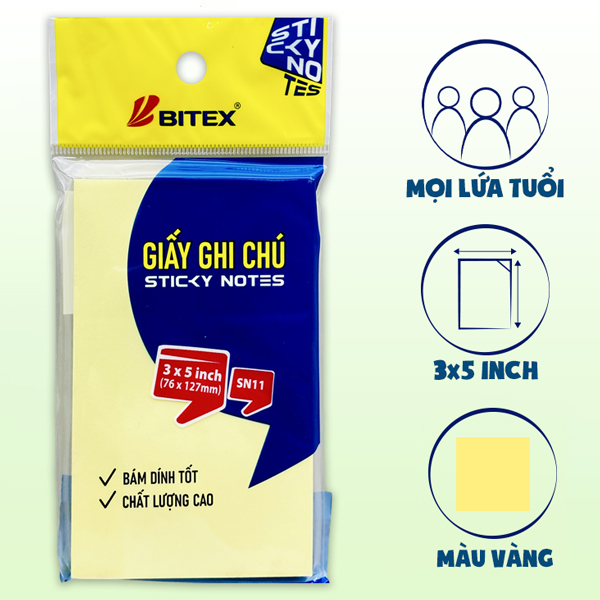 Giấy Ghi Chú 76 x 127 mm - Bitex SN11 (70 Tờ) - Màu Vàng