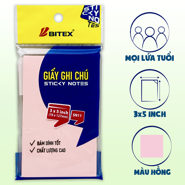 Giấy Ghi Chú 76 x 127 mm - Bitex SN11 (70 Tờ) - Màu Hồng