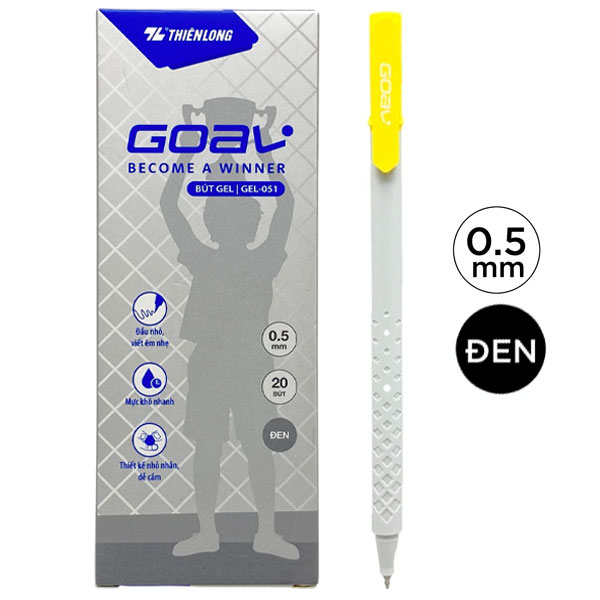 Hộp 20 Bút Gel Goal 0.5 mm - Thiên Long GEL-051 - Mực Đen - Nắp Vàng