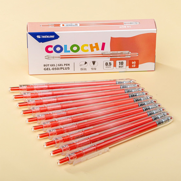 Hộp 10 Bút Gel Colochi 0.5 mm - Thiên Long Gel-050/PLUS - Mực Đỏ Cờ