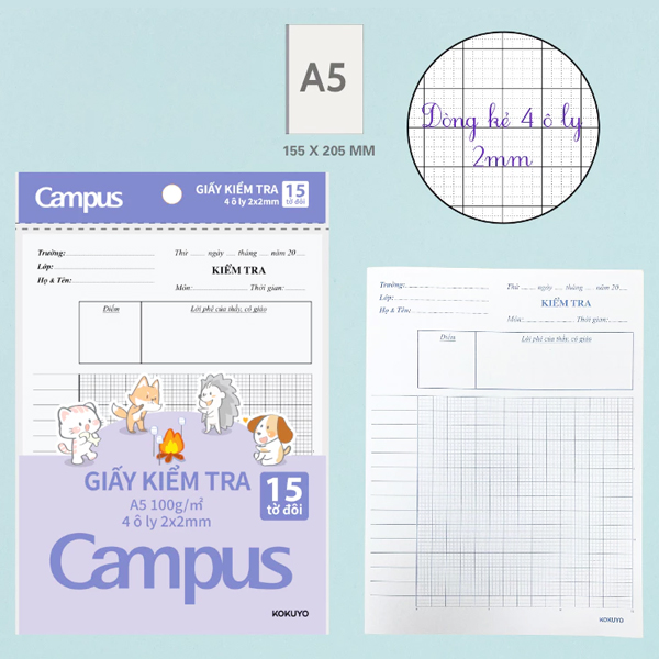 Giấy Kiểm Tra Animals Camp A5 - 4 Ô Ly - 100gsm - Campus TP-A5D15AC-4OLY (15 Tờ/Xấp)