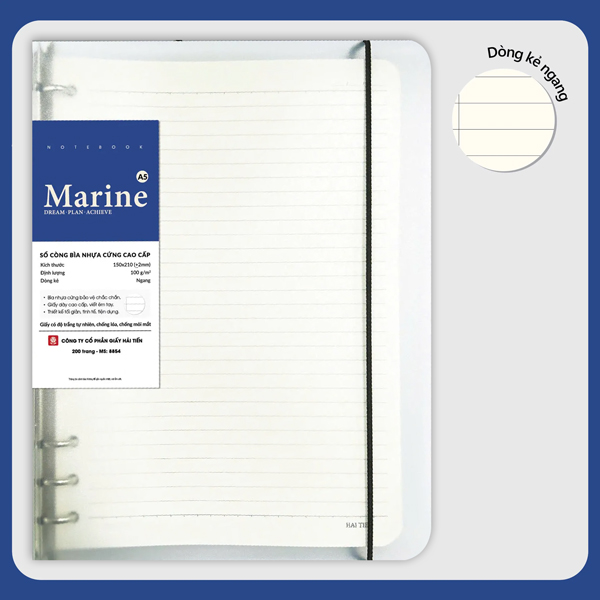 Sổ Còng Bìa Nhựa Marine A5 - Kẻ Ngang - 200 Trang 100gsm - Hải Tiến