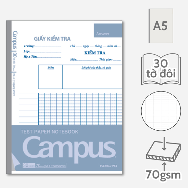 [Phiên chợ sách cũ] Giấy Kiểm Tra Kẻ 4 Ly Ngang Dạng Vở A5 - Campus TPN-A5LY30 (30 Tờ Đôi)
