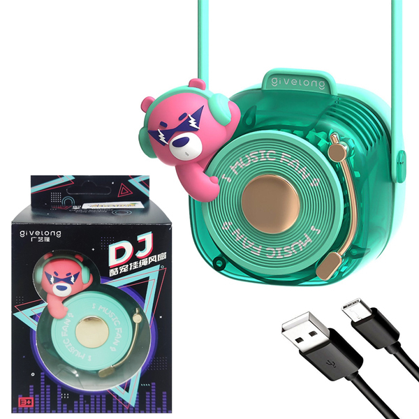 Đồ Chơi Quạt Đeo Cổ Mini - Givelong GL120-123 - Hình DJ Music - Màu Xanh Mint