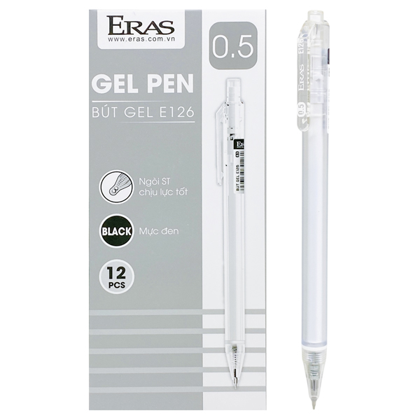 Hộp 12 Bút Gel Bấm Ngòi ST Nét 0.5 mm - Eras E126 - Mực Đen