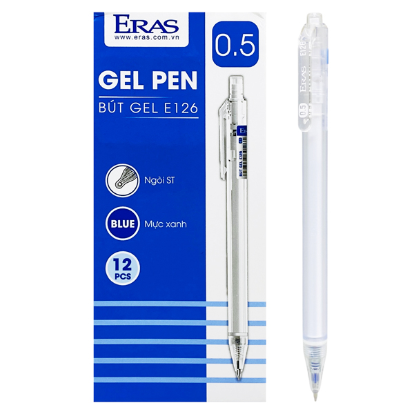 Hộp 12 Bút Gel Bấm Ngòi ST Nét 0.5 mm - Eras E126 - Mực Xanh