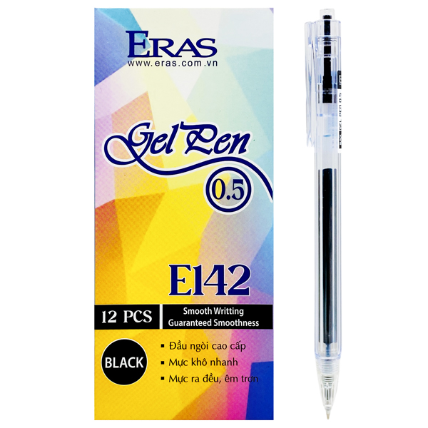 Hộp 12 Bút Gel Bấm 0.5 mm - Eras E142 - Mực Đen