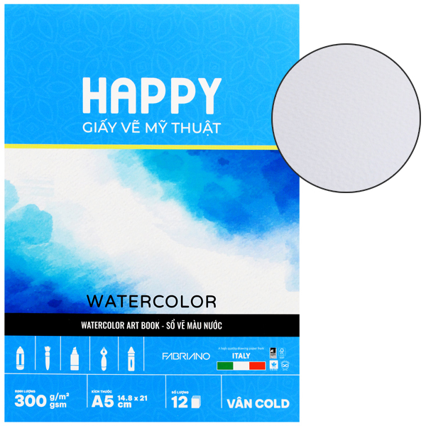 Sổ Vẽ Mỹ Thuật Gáy Keo Màu Nước A5 - Happy Water Color - Vân Cold - 300gsm (12 Tờ)