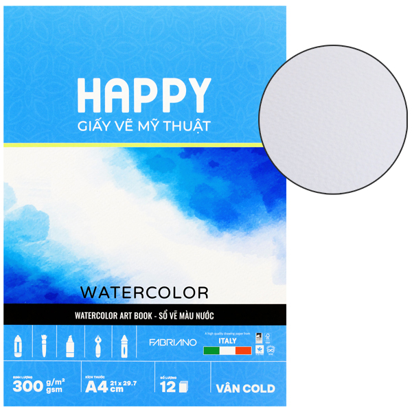 Sổ Vẽ Mỹ Thuật Gáy Keo Màu Nước A4 - Happy Water Color - Vân Cold - 300gsm (12 Tờ)